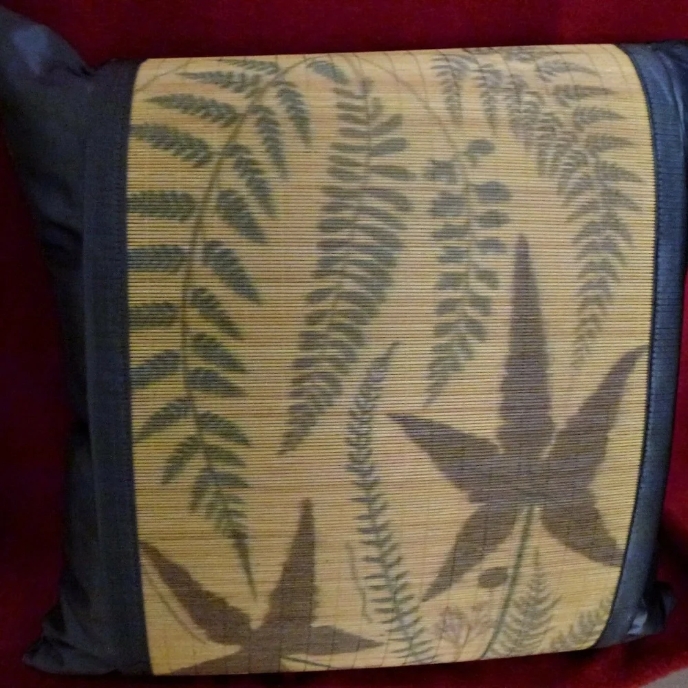 Bountiful Satin Bamboo Gray Tan Botanical Fern Throw Pillow New